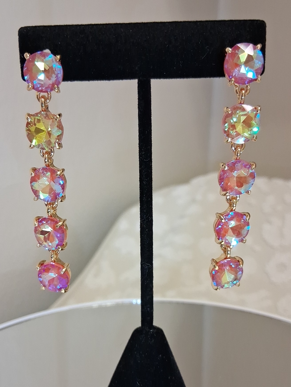 Gold Tone Drop Earrings with Pink, Yellow, Green and Blue Aurora Crystal